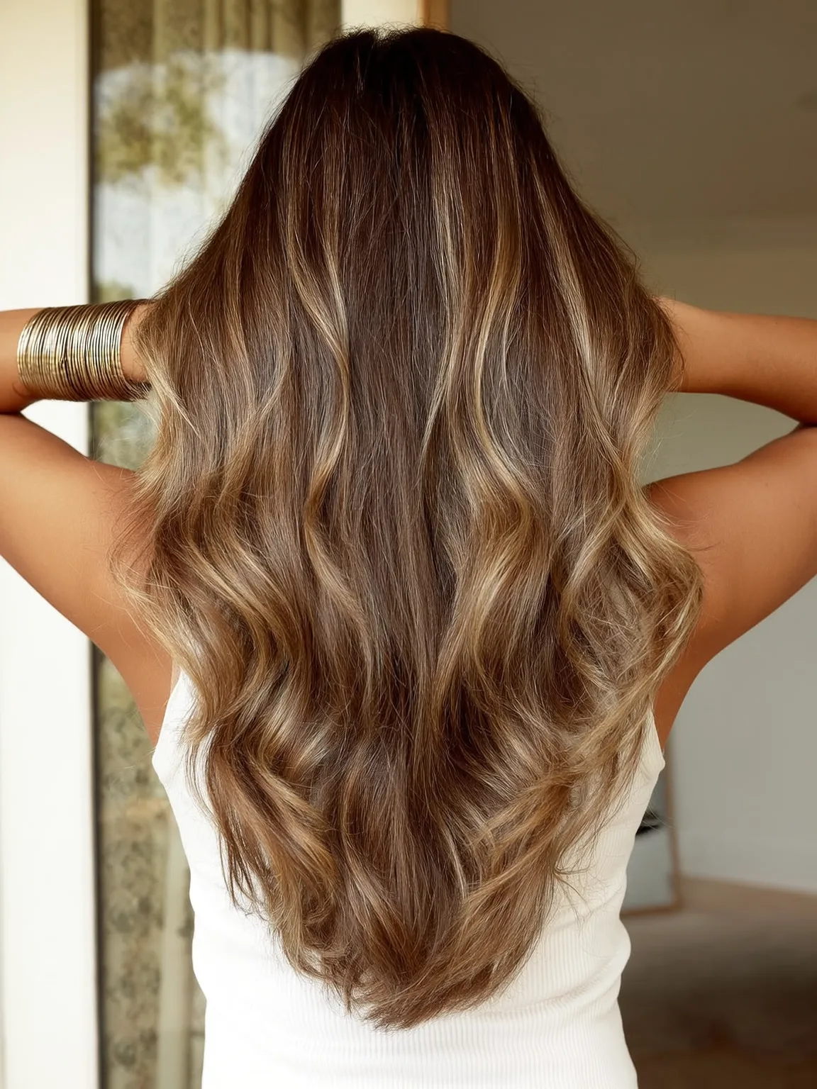 rich brown with honey blonde balayage long layers